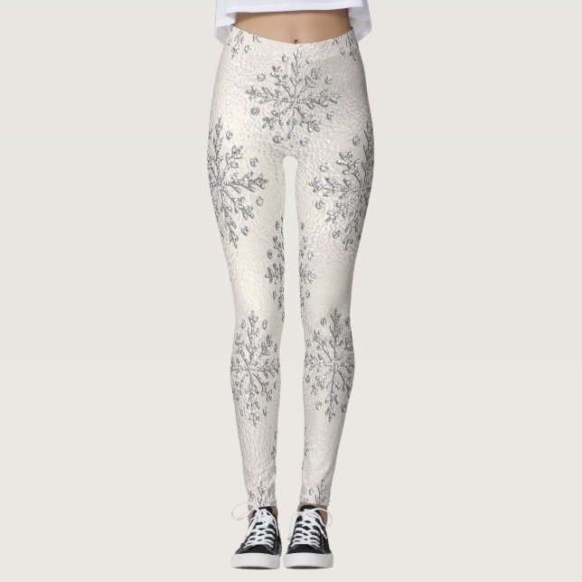 Christmas Silver Snowflakes Pearl Leggings (Front)