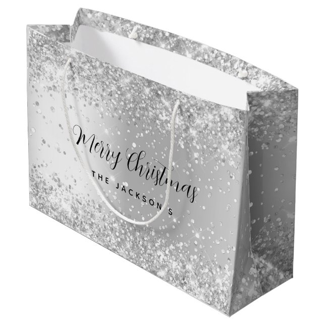 Christmas silver sparkles name  large gift bag (Back Angled)