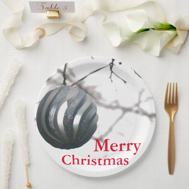 Christmas Silver Sparkly Round Ornament Ball  Paper Plate (Wedding)
