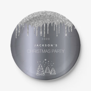 Christmas silver trees glitter drips paper plate