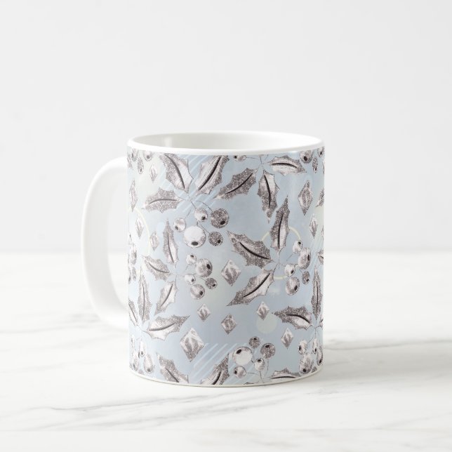 Christmas, silver twigs, white, snowflakes, winter coffee mug (Front Left)