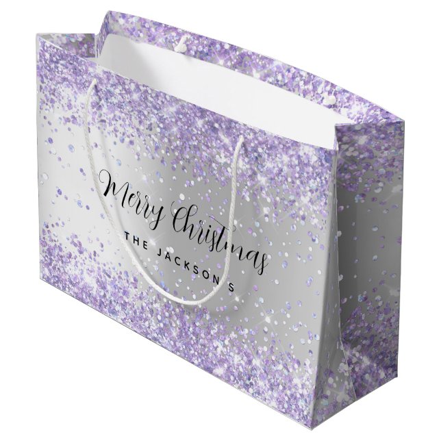 Christmas silver violet sparkles name large gift bag (Back Angled)