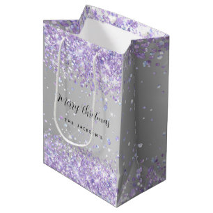 Christmas silver violet sparkles name medium gift bag
