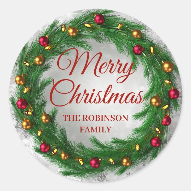 Christmas Silver Winter Sparkle Festive Wreath Classic Round Sticker (Front)