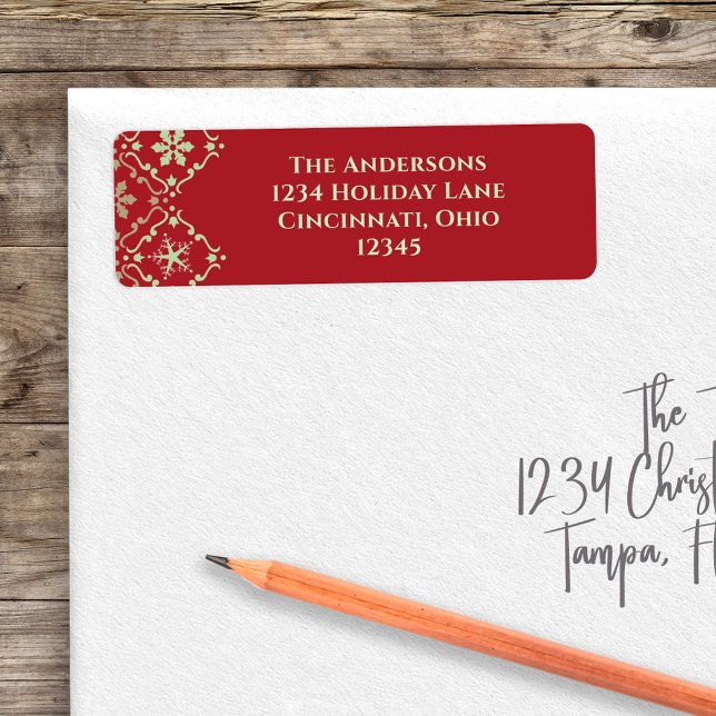 Christmas Simple Green Snowflake Classic Pattern  (Christmas elegant snowflake pattern with a red background with light green return address label. )