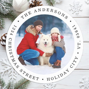 Christmas Simple Photo Modern Round Return Address Classic Round Sticker