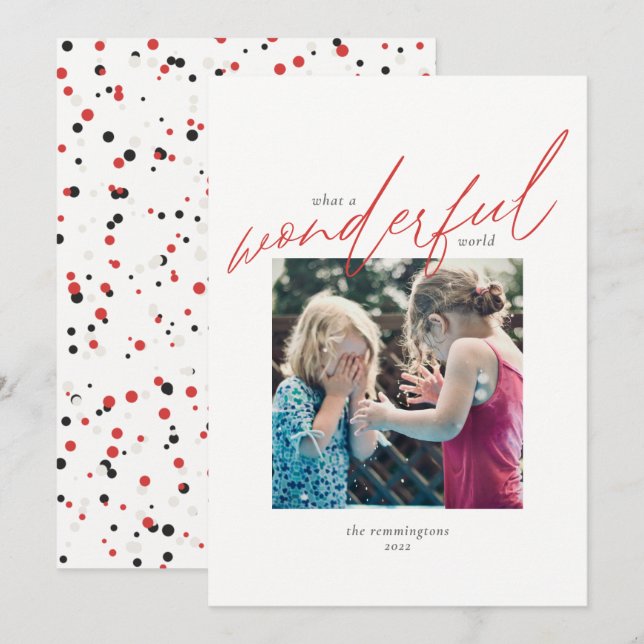 Christmas Simple Photo Red Ivory Wonderful World Holiday Card (Front/Back)