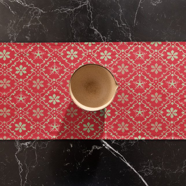 Christmas Simple Red Green Snowflake Pattern Short Table Runner (Christmas holiday snowflake pattern with red background)