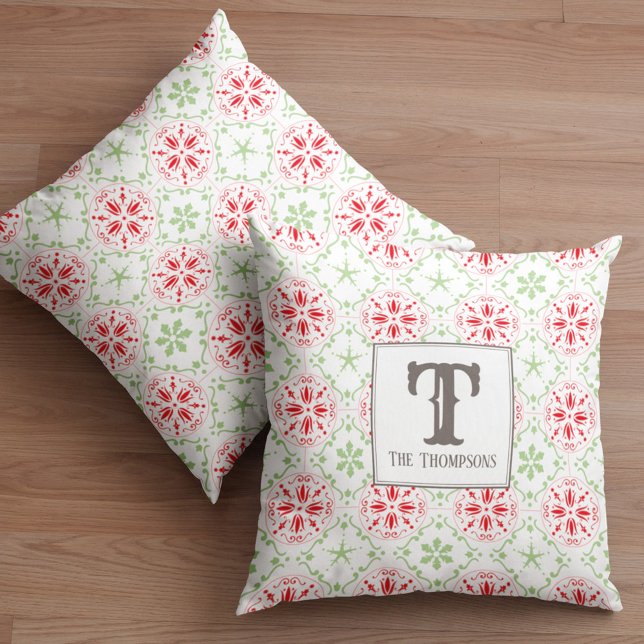 Christmas Simple Winter Snowflake Modern Monogram Cushion (Red and green snowflake monogram throw pillow)