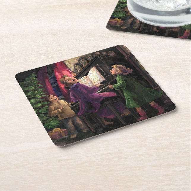 Christmas Sing Along Painting Square Paper Coaster (Angled)