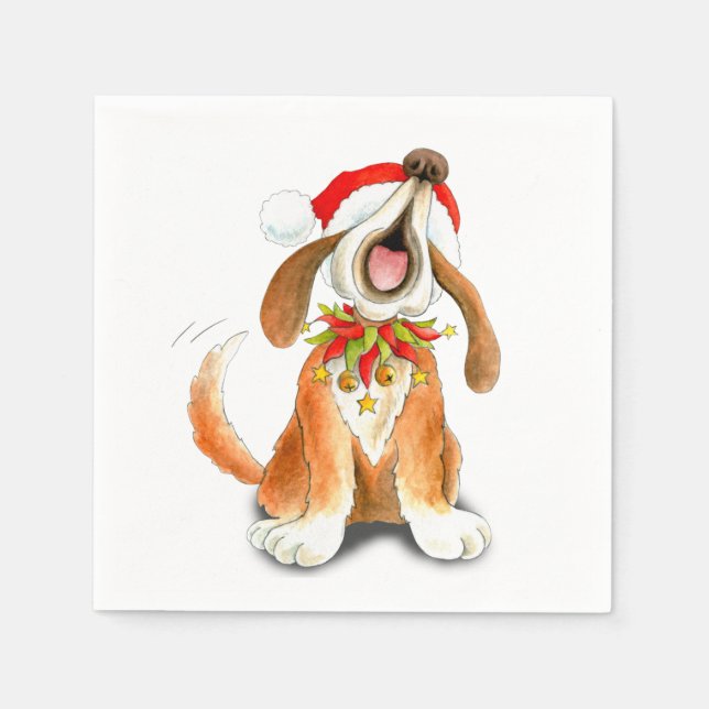 Christmas singing dog red white paper napkins (Front)