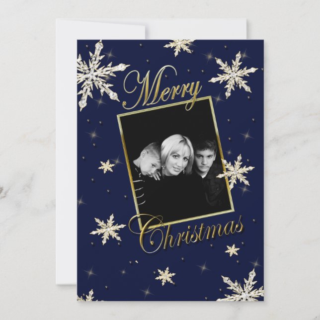 CHRISTMAS - SINGLE PHOTO - SNOWFLAKES - NAVY/GOLD HOLIDAY CARD (Front)