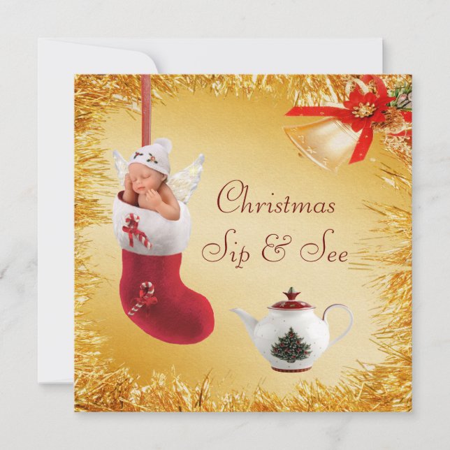 Christmas Sip & See Baby & Teapot Baby Shower Invitation (Front)