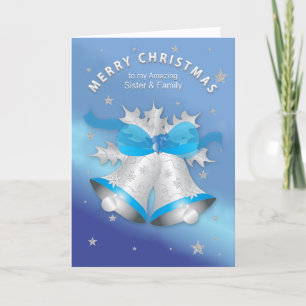 Christmas Sister and Family Silver Blue Bells Card