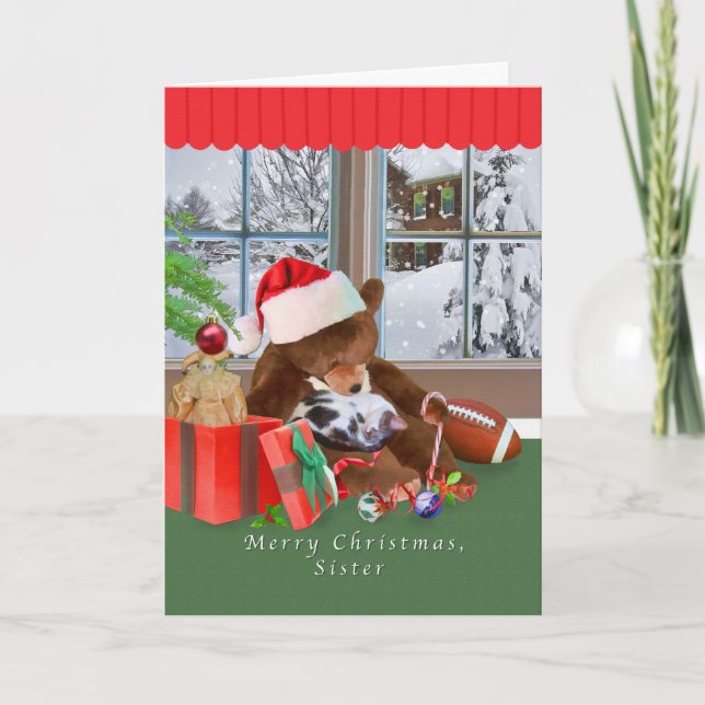 Christmas, Sister,  Cat, Teddy Bear Holiday Card (Front)