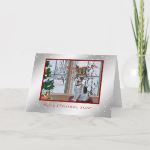 Christmas, Sister, Singing Cat, Snow Holiday Card