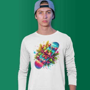 Christmas Skateboard Red Bow Pine Branches T-Shirt