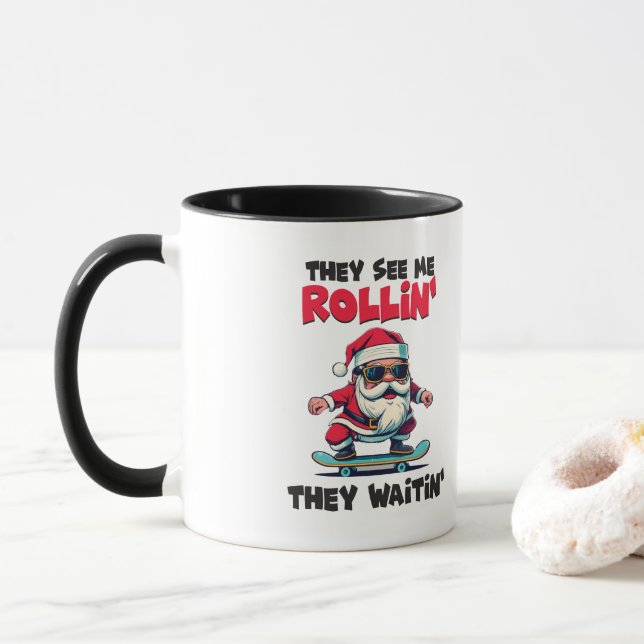 Christmas Skateboarding Santa Mug (With Donut)