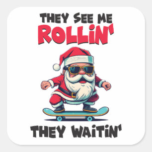 Christmas Skateboarding Santa Square Sticker