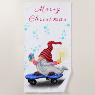 Christmas Skater Gnome with Gift Beach Towel