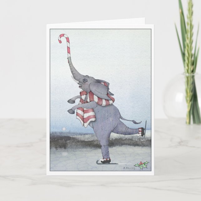 Christmas Skating Elephant Holiday Card (Front)