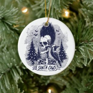 Christmas Skeleton and Raven Santa Caws Ceramic Tree Decoration
