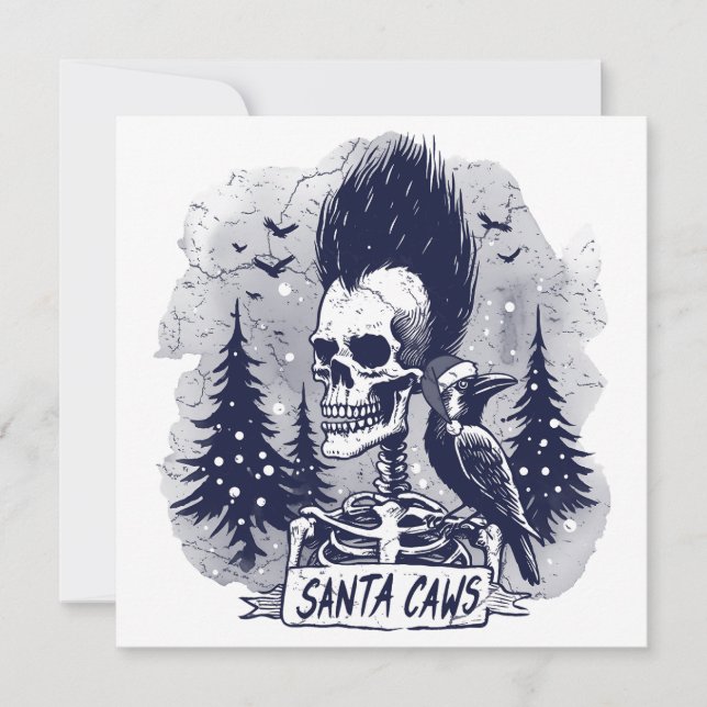 Christmas Skeleton and Raven Santa Caws  Holiday Card (Front)