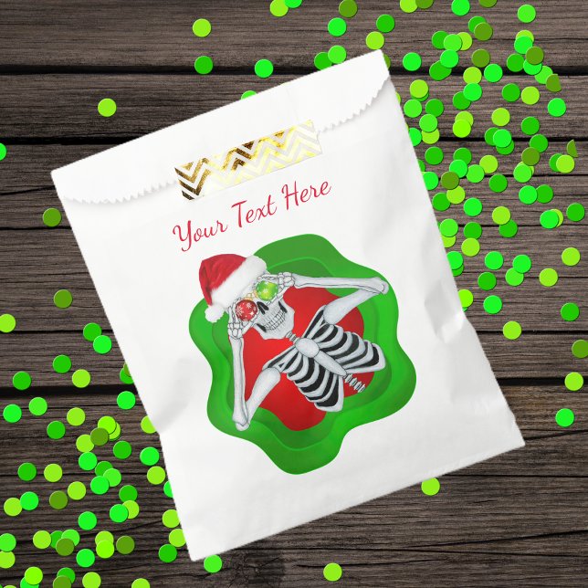 Christmas Skeleton Bright Red Green Hat Funny Favour Bags (Funny Christmas skeleton in red green wavy circle shape ornament eyes on favour or gift bag.)