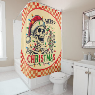 Christmas Skeleton Creepy Candy Cane Retro Shower Curtain