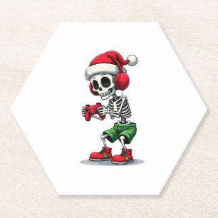 Christmas skeleton Gamer Pajamas xmas skull gaming Paper Coaster