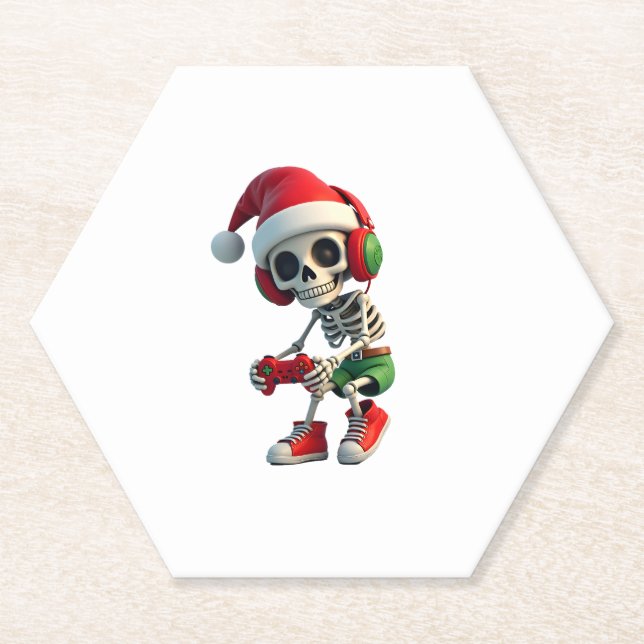 Christmas skeleton Gamer Pajamas xmas skull gaming Paper Coaster (Front)