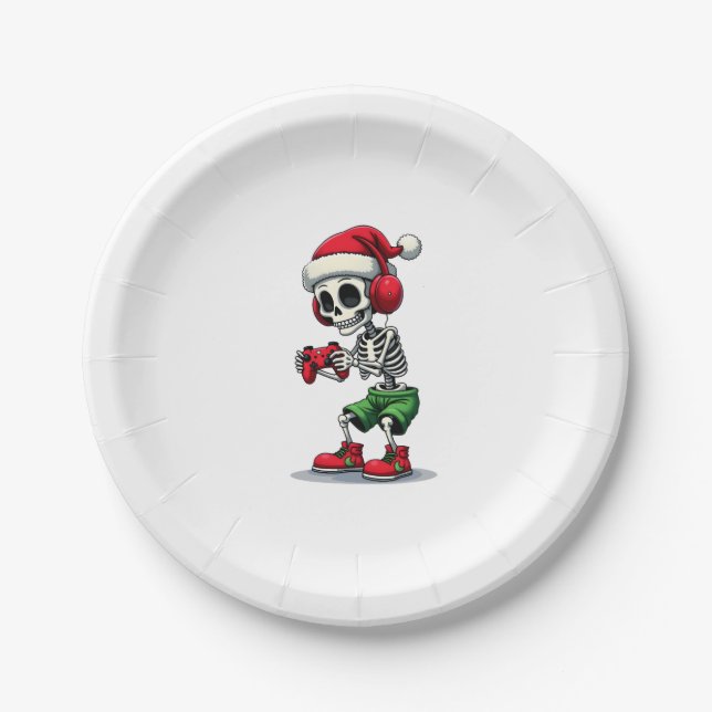 Christmas skeleton Gamer Pajamas xmas skull gaming Paper Plate (Front)