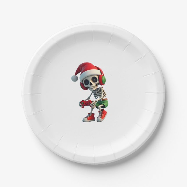 Christmas skeleton Gamer Pajamas xmas skull gaming Paper Plate (Front)