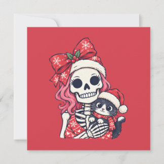 Christmas Skeleton Girl With Cat Holiday Card