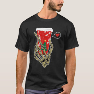 Christmas Skeleton Hand Drinking Coffee Latte Paja T-Shirt