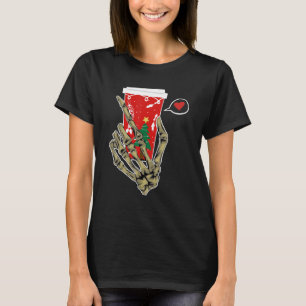 Christmas Skeleton Hand Drinking Coffee Latte Paja T-Shirt