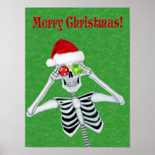 Christmas Skeleton Hat Ornaments Green Gold flecks Poster