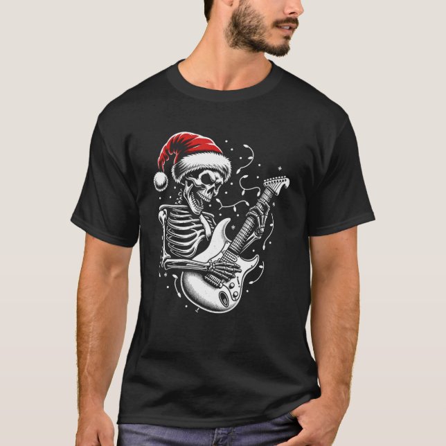 Christmas Skeleton Playing Guitar Rock And Roll Gu T-Shirt (Front)