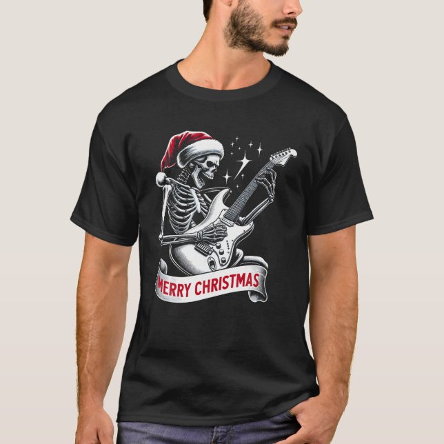 Christmas Skeleton Playing Guitar Rock And Roll Sa T-Shirt (Front)