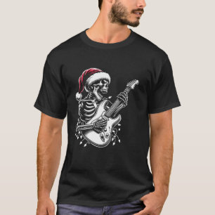 Christmas Skeleton Playing Guitar Santa Hat Guitar T-Shirt