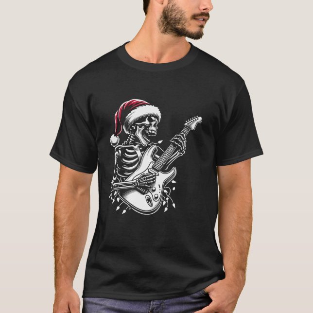 Christmas Skeleton Playing Guitar Santa Hat Guitar T-Shirt (Front)