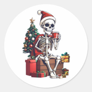 Christmas Skeleton Wearing Santa Outfit Classic Round Sticker