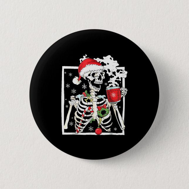Christmas Skeleton With Smiling Skull Drinking Cof 6 Cm Round Badge (Front)