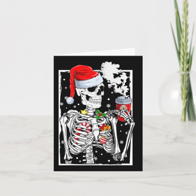 Christmas Skeleton With Smiling Skull Drinking Cof Card (Front)