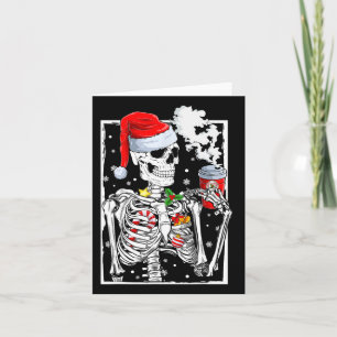 Christmas Skeleton With Smiling Skull Drinking Cof Card