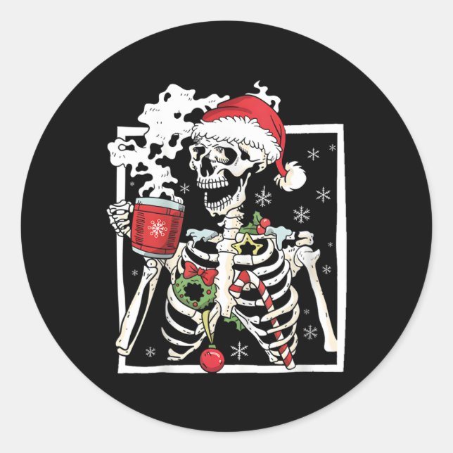 Christmas Skeleton With Smiling Skull Drinking Cof Classic Round Sticker (Front)