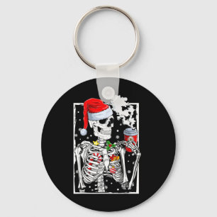 Christmas Skeleton With Smiling Skull Drinking Cof Key Ring