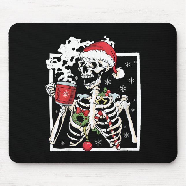 Christmas Skeleton With Smiling Skull Drinking Cof Mouse Mat (Front)