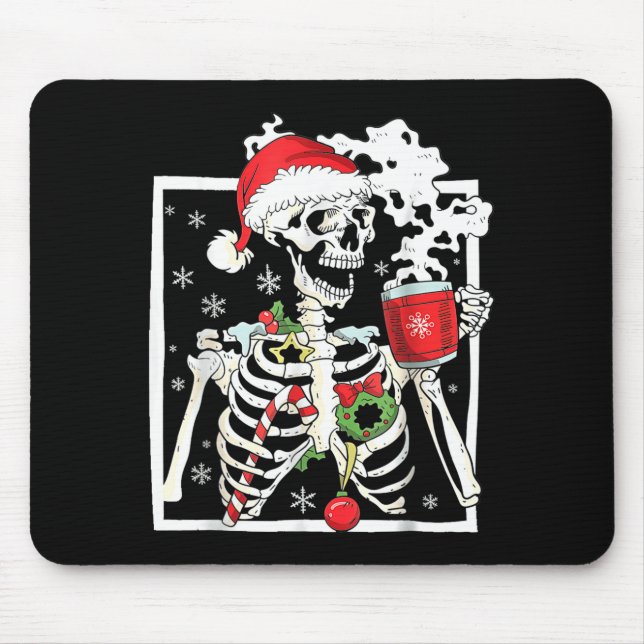 Christmas Skeleton With Smiling Skull Drinking Cof Mouse Mat (Front)