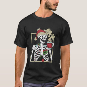 Christmas Skeleton With Smiling Skull Drinking Cof T-Shirt